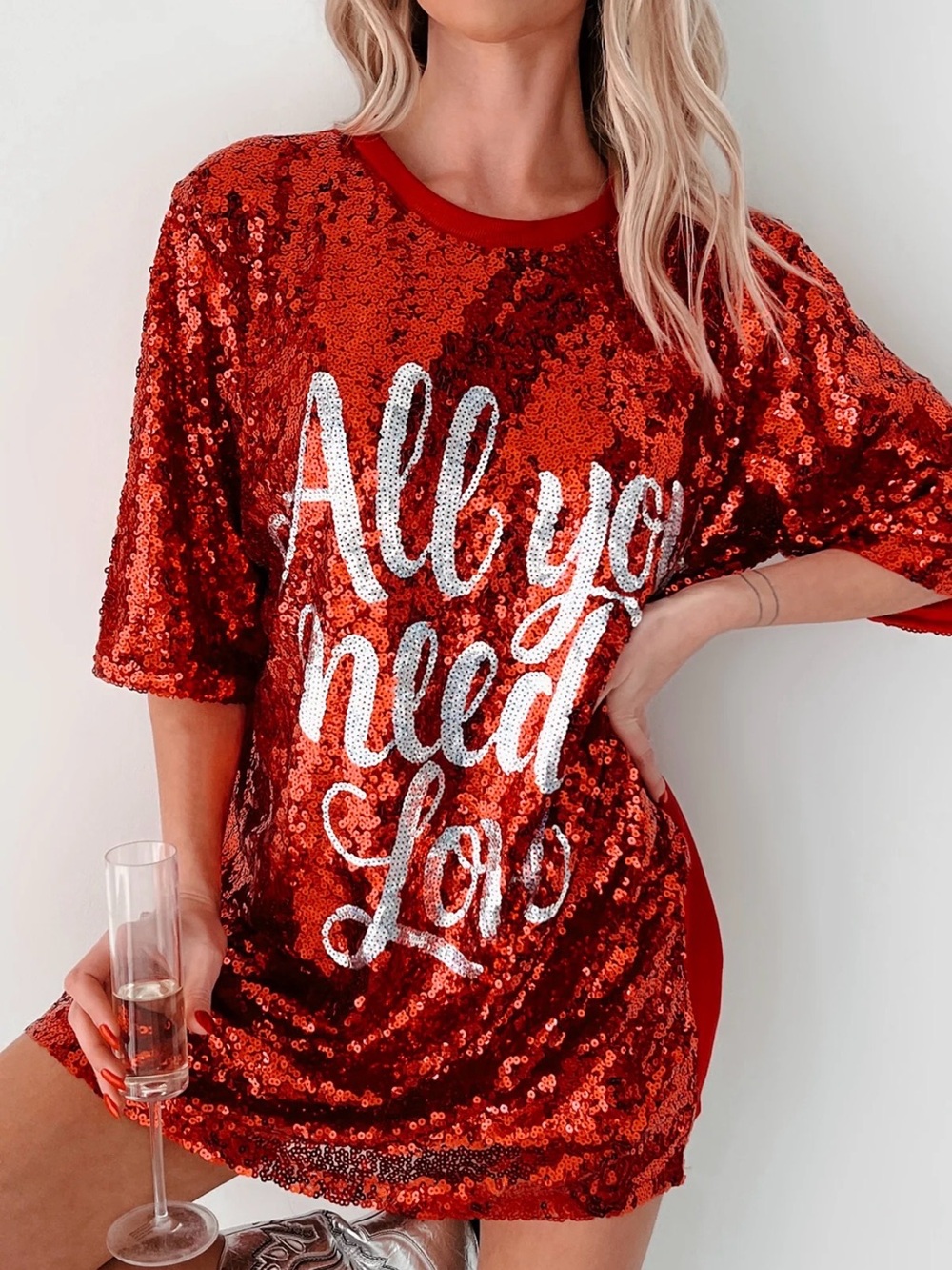 Sequin 'All You Need Is Love' Short Sleep Tee - Red Sequin